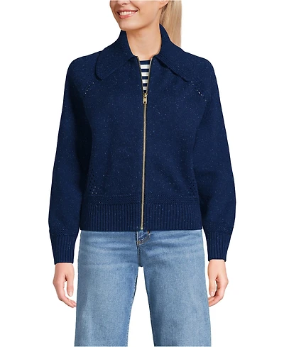 Lands' End Women's Drifter Large Collar Zip Front Cardigan Sweater
