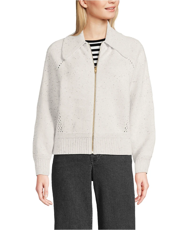 Lands' End Women's Drifter Large Collar Zip Front Cardigan Sweater