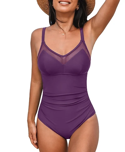 Cupshe Women's V Neck Cutout Ruched Mesh One Piece Swimsuit