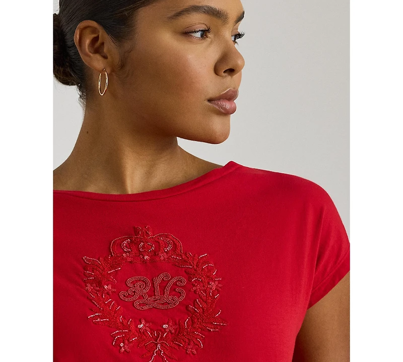 Lauren Ralph Plus Sequined-Crest Cotton Jersey T-Shirt