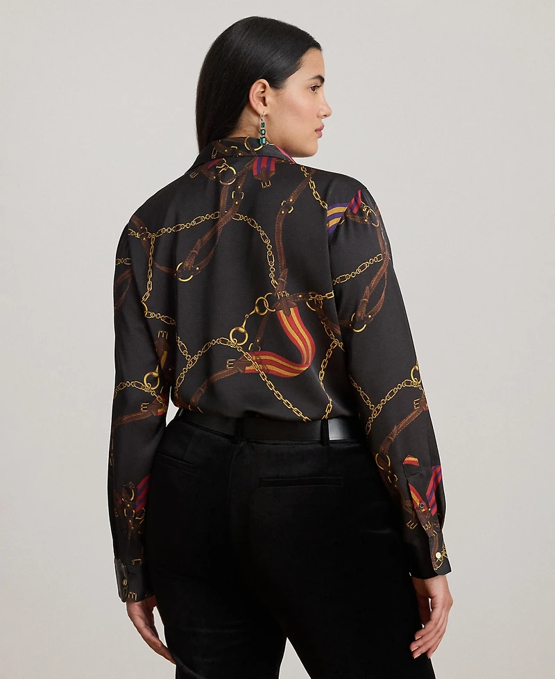 Lauren Ralph Plus Classic Fit Belting-Print Satin Shirt