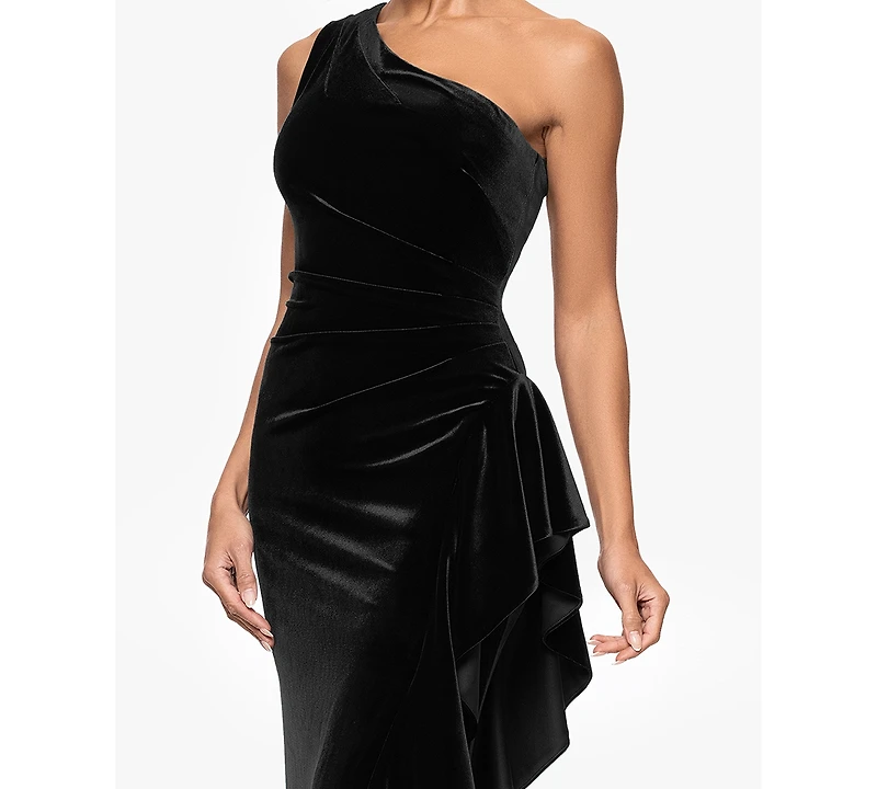 Xscape Women's Velvet One Shoulder Long Ruffle Dress