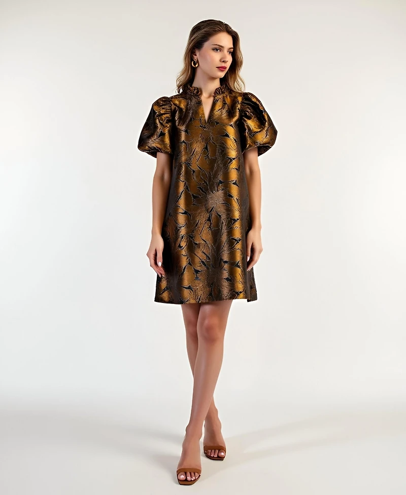 Modenaire Women's Metallic Floral Puff-Sleeve Ruffled-Collar A-Line Mini Dress