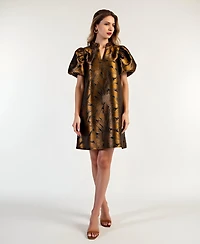 Modenaire Women's Metallic Floral Puff-Sleeve Ruffled-Collar A-Line Mini Dress