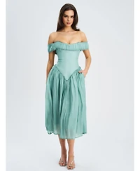 Miss Circle Women's Xavy Teal Green Off Shoulder Corset Midi Dress