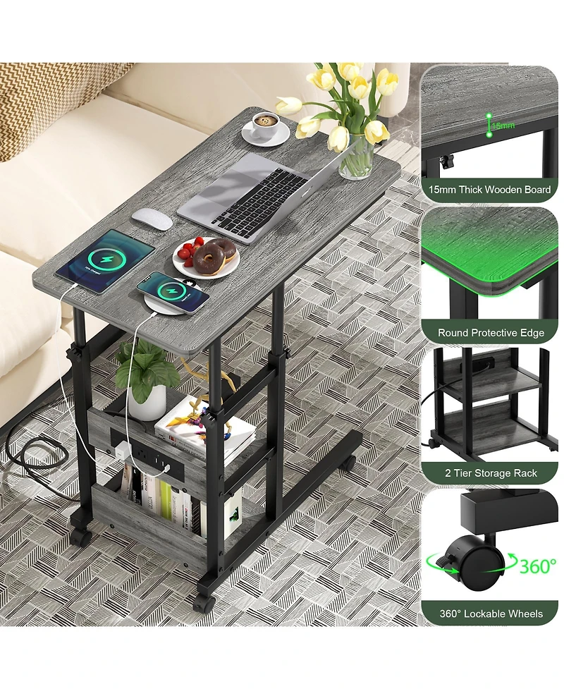 Aheaplus Height Adjustable C Table with Usb Port and Wheels