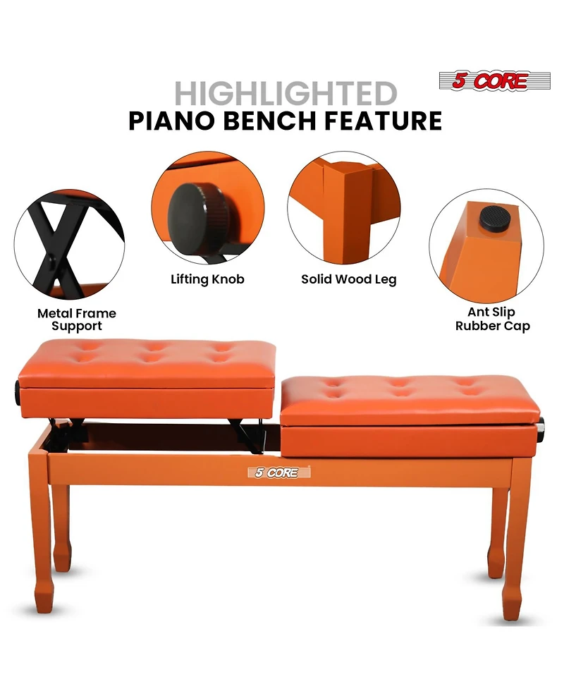 5 Core Duet Piano Bench 3.5 Inch Padded Cushioned Stool Wooden Heavy Duty Musician Chair w Storage
