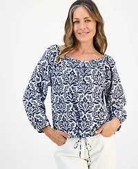 Charter Club Petite Tile Print 3/4-Sleeve Gathered-Hem Top, Macy's Exclusive