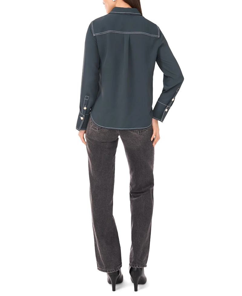 Vince Camuto Women's Contrast Stitch Button Front Collared Top