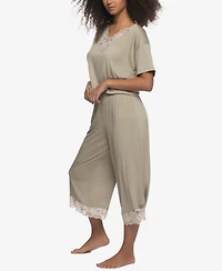 Felina Women's Regular Amelie Jersey Vintage Lace Crop Tee Wide Leg Pants