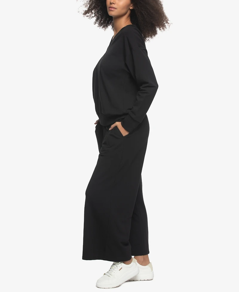 Felina Women's Regular Kimora French Terry V-Neck Sweatshirt with Wide Leg Pants