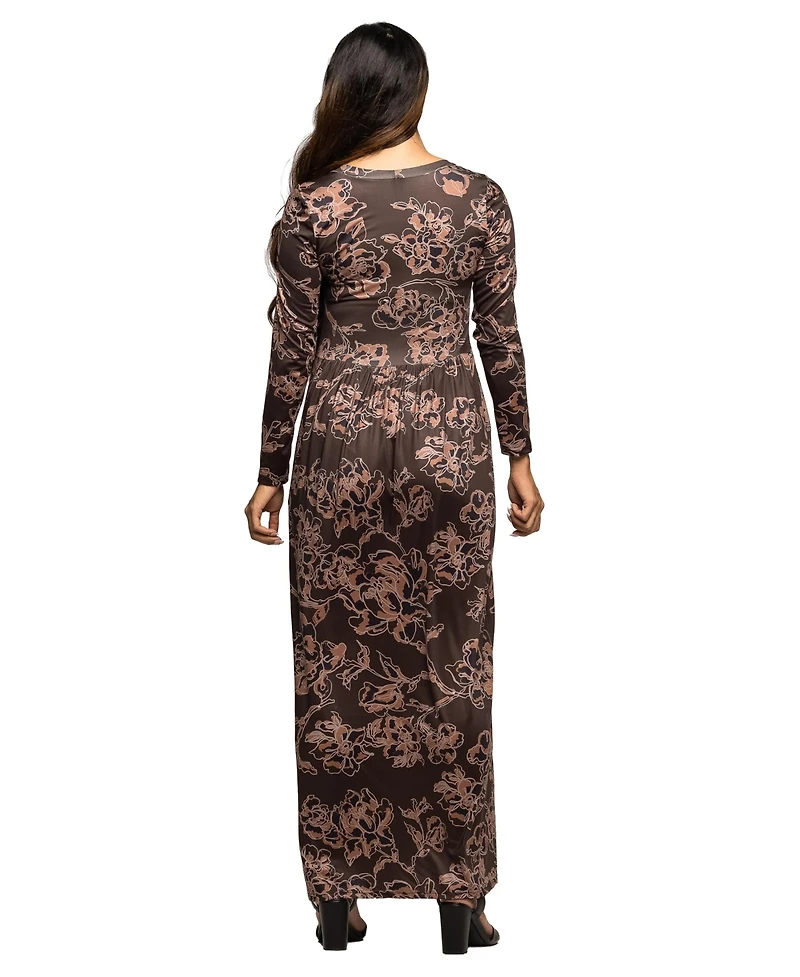 24seven Comfort Apparel Women's Maternity Brown Blush Floral Long Sleeve Maxi Dress