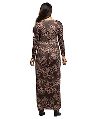 24seven Comfort Apparel Women's Maternity Brown Blush Floral Long Sleeve Maxi Dress