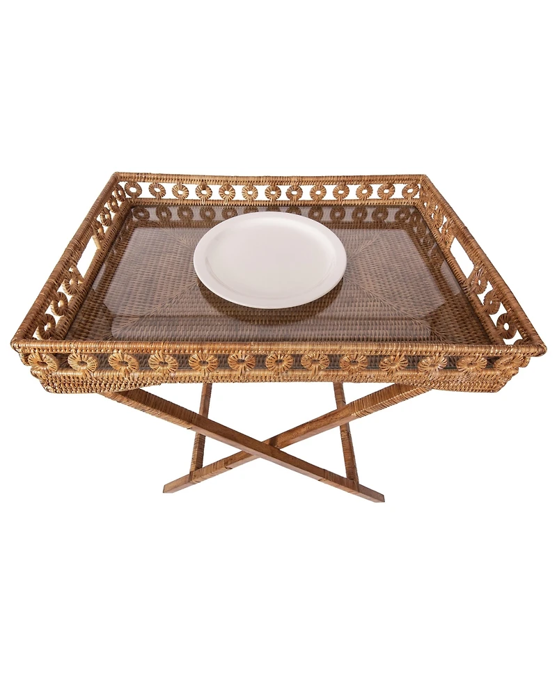 Artifacts Rattan Inna Design Butler Tray with Wooden Legs & Glass Insert