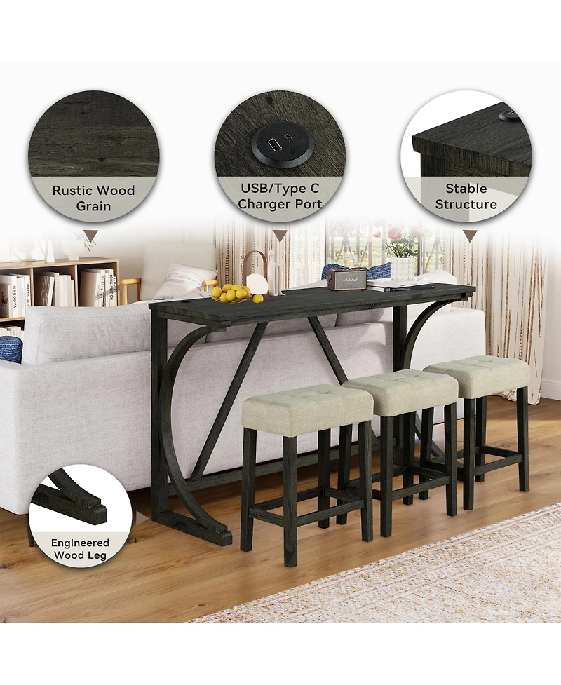 Boyel Living 4-Piece Bar Table and Chairs Set Tall Dining Table with Upholstered Bar Stool for Living Room Kitchen