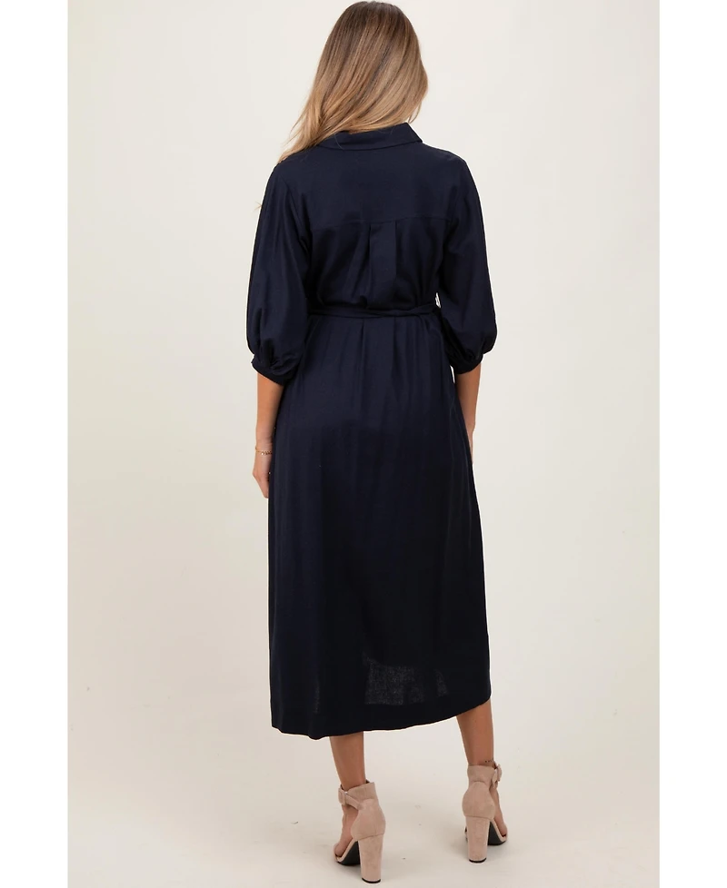 Pinkblush Maternity Navy 3/4 Bubble Sleeve Midi Shirt Dress