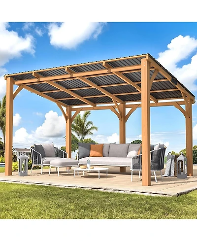 Aecojoy 14' x 10' Outdoor Wooden Gazebo, Patio Lean to Hardtop Pergolas and Gazebos