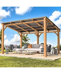 Aecojoy 14' x 10' Outdoor Wooden Gazebo, Patio Lean to Hardtop Pergolas and Gazebos