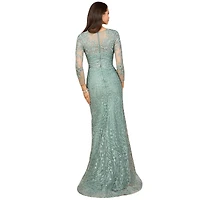 Lara Women's Long Sleeve Gown with Overskirt & Illusion Neckline
