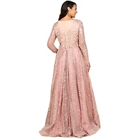 Lara Women's Long Sleeve Gown with Overskirt & Illusion Neckline