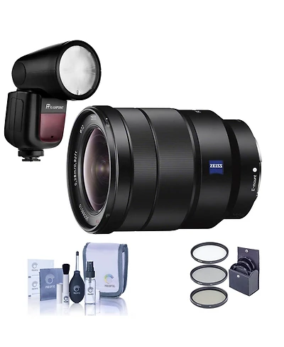 Sony Vario-Tessar T Fe 16-35mm f/4 Za Oss Lens for Sony E, Bundle with Flashpoint Zoom Li-on X R2 Ttl On-Camera Round Flash Speedlight, 72mm Filter