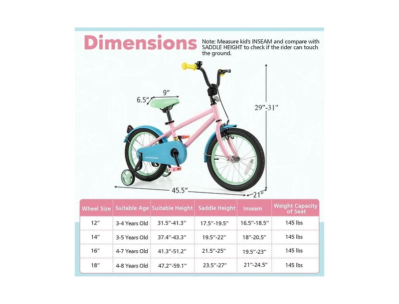 16 Inch Kids Bike with Adjustable Handlebar and Saddle, Pink