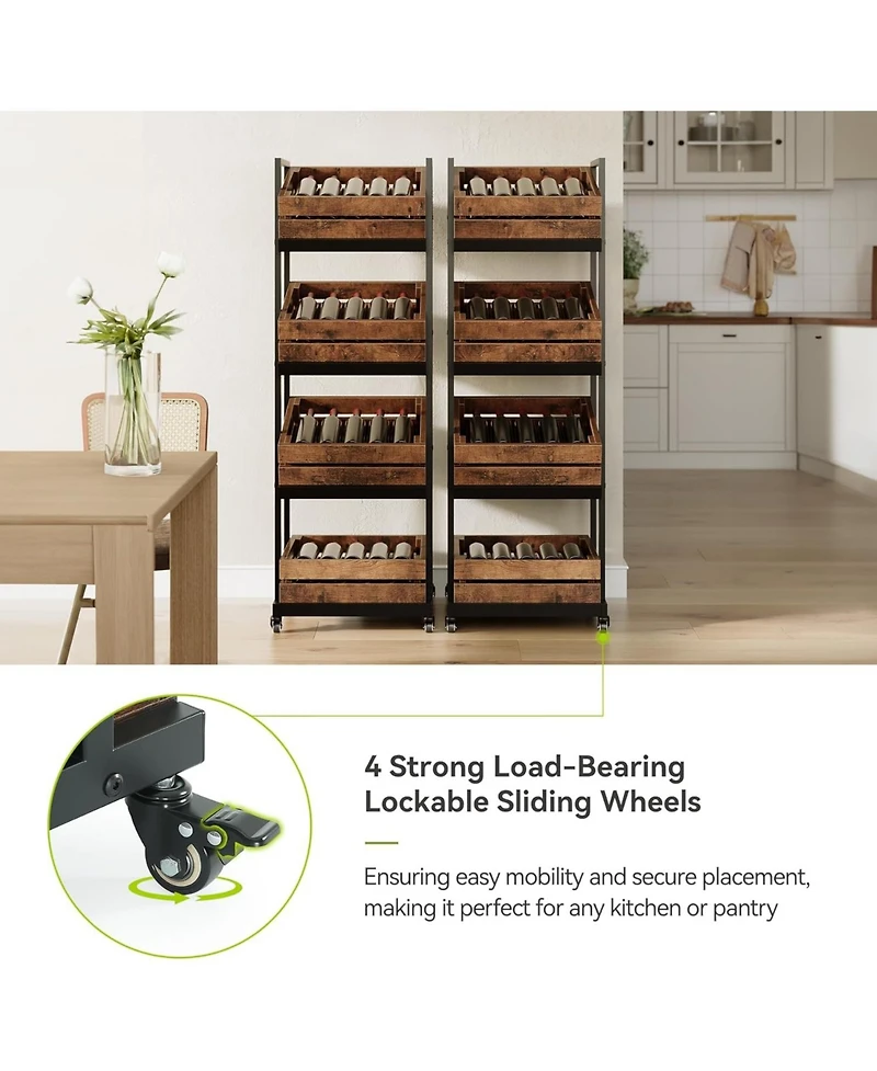 Tribesigns 4-Tier Wooden Kitchen Cart with Wheels, Mobile Fruit and Vegetable Storage, Utility Shelf