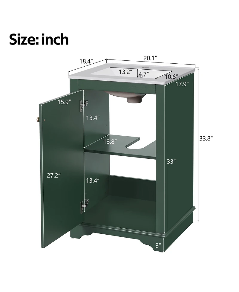 Casainc 20-Inch Bathroom Vanity with Ceramic Sink, Freestanding Single Vanity, Soft-Close Door & Adjustable Shelf