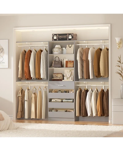 Aheaplus 96 inches Closet Organizer System with 4 Reversible Shelves and 4 Wood Drawers, Wardrobe Clothes Rack with 4 Hanging Rods