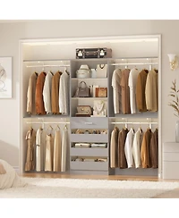 Aheaplus 96 inches Closet Organizer System with 4 Reversible Shelves and 4 Wood Drawers, Wardrobe Clothes Rack with 4 Hanging Rods