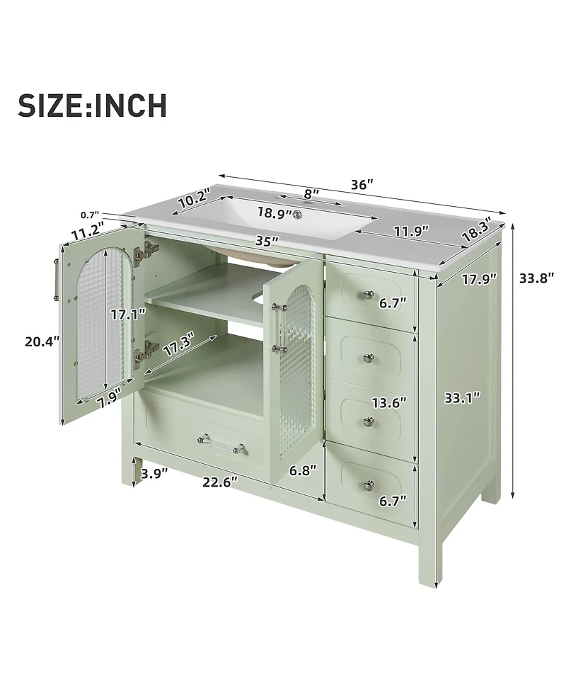 Casainc 36-Inch Bathroom Cabinet with Waffle Texture Doors, Four Drawers, Two Soft-Close Doors & Glass Storage