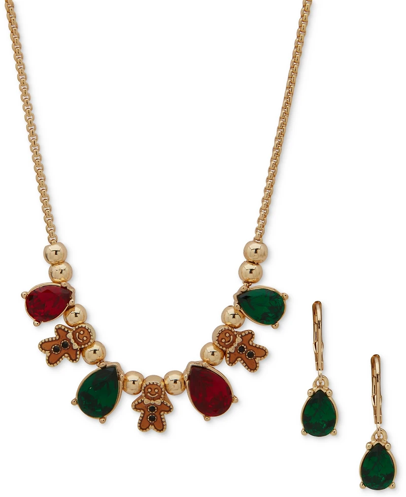 Anne Klein 2-Pc. Siam & Emerald Stone Gold-Tone Frontal Necklace and Earrings Set