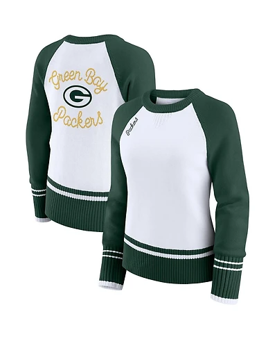 Wear by Erin Andrews Women's White/Green Green Bay Packers Color Block Raglan Sweater