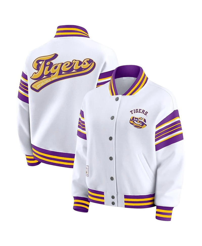 Wear by Erin Andrews Women's White/Purple Lsu Tigers Satin Stitch Full-Snap Fleece Sweatshirt Jacket