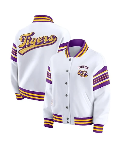 Wear by Erin Andrews Women's White/Purple Lsu Tigers Satin Stitch Full-Snap Fleece Sweatshirt Jacket