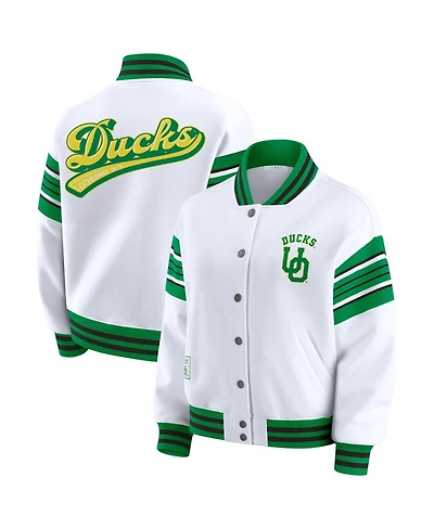 Wear by Erin Andrews Women's White/Green Oregon Ducks Satin Stitch Full-Snap Fleece Sweatshirt Jacket