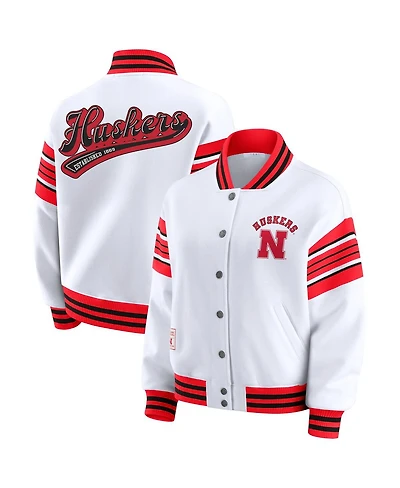 Wear by Erin Andrews Women's White/Scarlet Nebraska Huskers Satin Stitch Full-Snap Fleece Sweatshirt Jacket