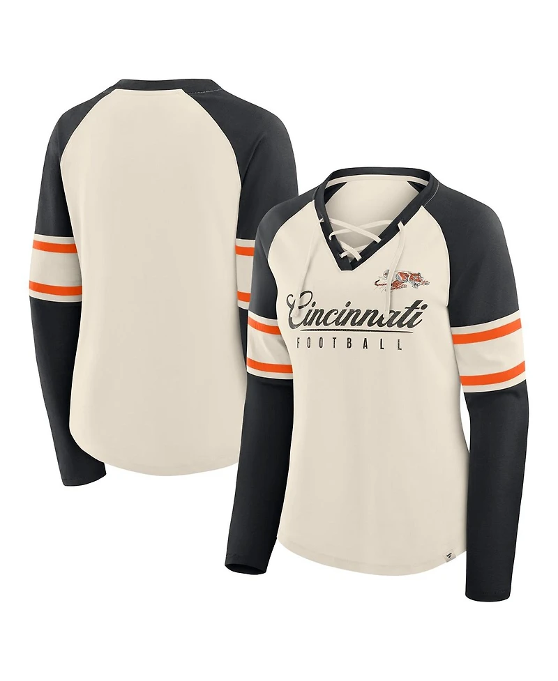 Fanatics Women's Cream/Black Cincinnati Bengals Hometown Gridiron Hero Raglan Lace-Up V-Neck Long Sleeve T-Shirt