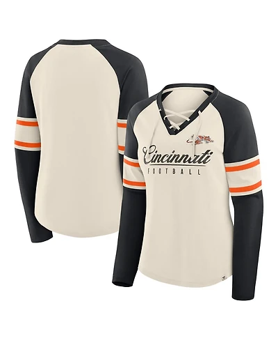 Fanatics Women's Cream/Black Cincinnati Bengals Hometown Gridiron Hero Raglan Lace-Up V-Neck Long Sleeve T-Shirt