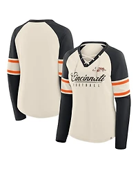 Fanatics Women's Cream/Black Cincinnati Bengals Hometown Gridiron Hero Raglan Lace-Up V-Neck Long Sleeve T-Shirt