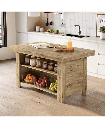 Tribesigns 55 Inches Kitchen Island with Storage, 3-Tier Farmhouse Wooden Stationary Table, Rustic Brown