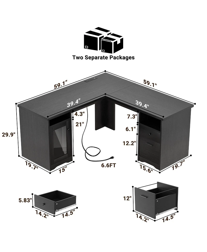 L Shaped Desk with Charging Station, Computer Workstation File Cabinet and Drawers for Office