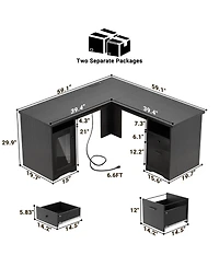 L Shaped Desk with Charging Station, Computer Workstation File Cabinet and Drawers for Office
