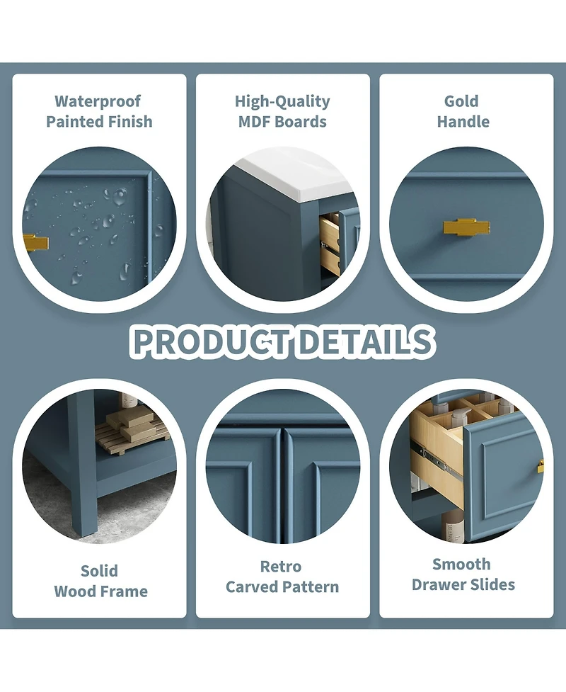 Casainc 30-Inch Bathroom Vanity with Ceramic Sink Combo, Freestanding Single Vanity, 5 Drawers & Solid Wood Storage