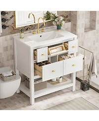 Casainc 30-Inch Bathroom Vanity with Ceramic Sink Combo, Freestanding Single Vanity, 5 Drawers & Solid Wood Storage