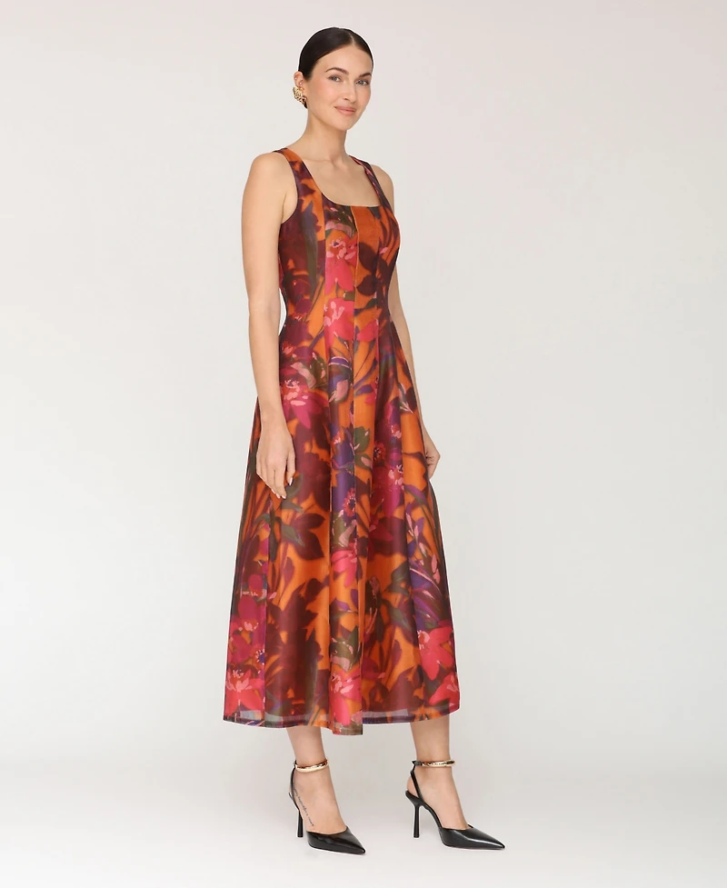 Avec Les Filles Women's Printed Scoop Neck Lantern Midi Dress