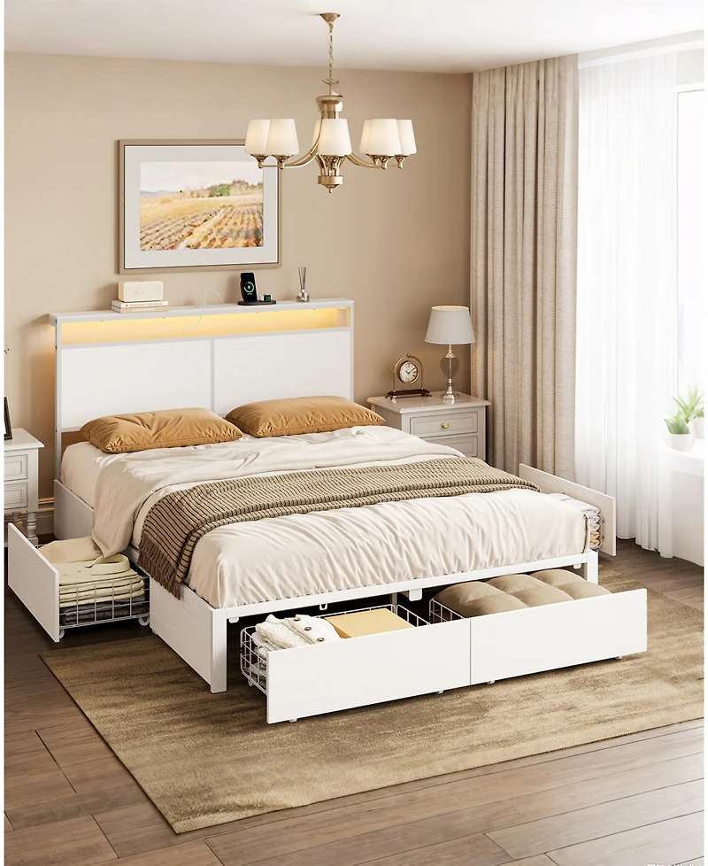 Hausource King Size Bed Frame with Led Storage Headboard & 4 Drawers & Charging Station