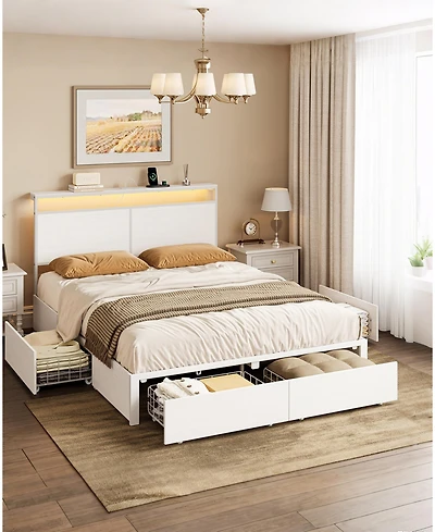 Hausource King Size Bed Frame with Led Storage Headboard & 4 Drawers & Charging Station