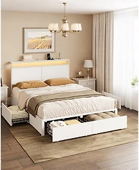 Hausource King Size Bed Frame with Led Storage Headboard & 4 Drawers & Charging Station