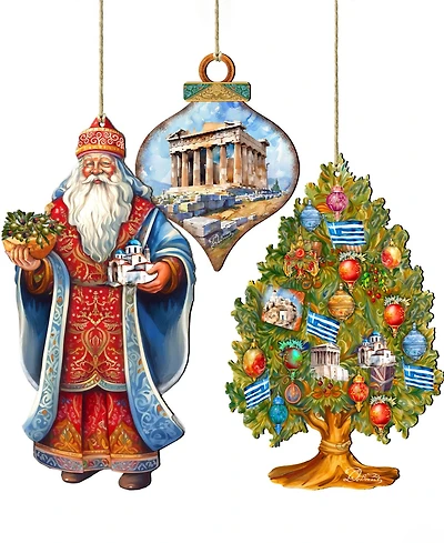 Designocracy Greece Inspired Santa Ornaments, Set of 3